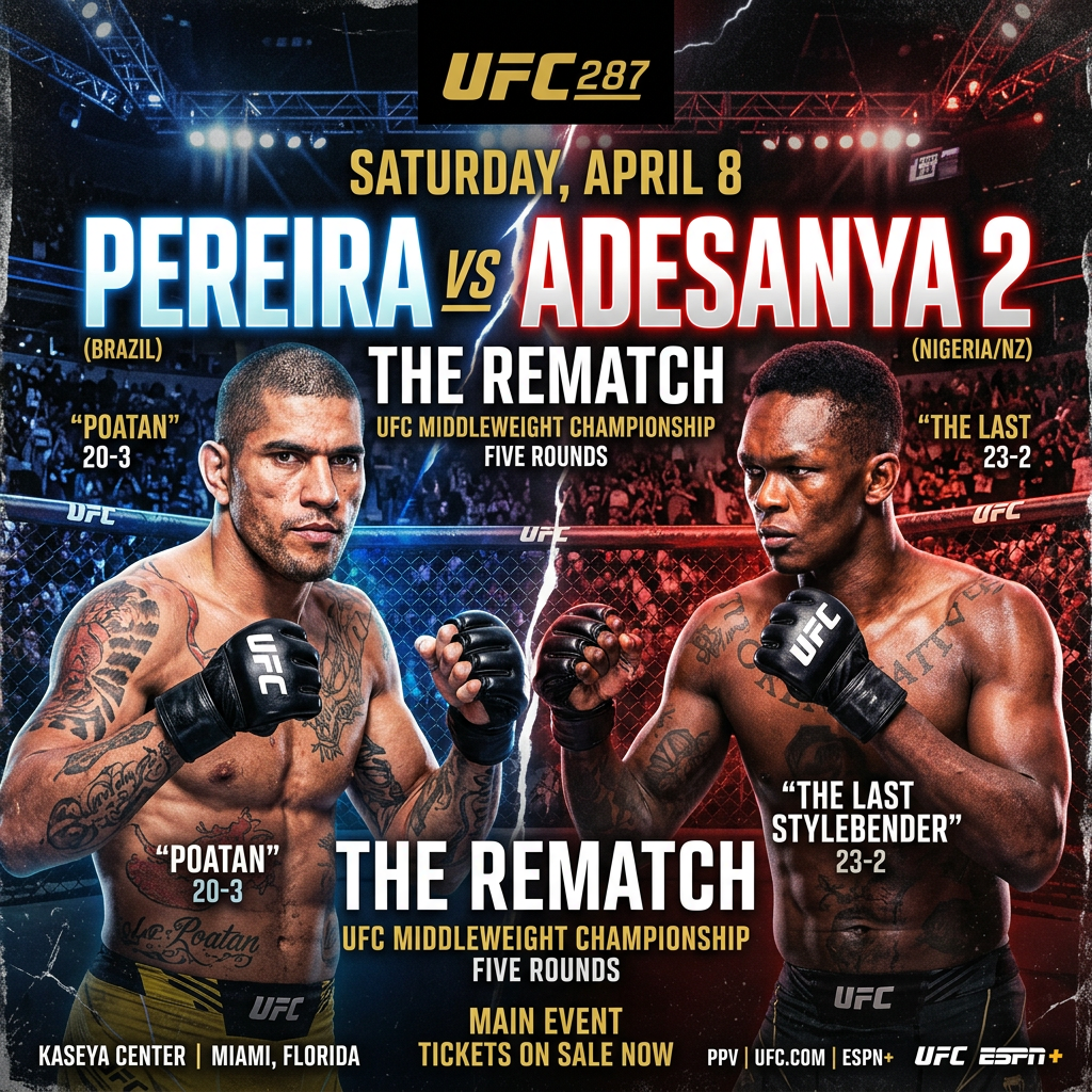 UFC 287 fight poster for Pereira vs Adesanya 2 middleweight championship rematch